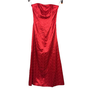 Vintage Jessica McClintock Dress 8 Red Floral Embroidered Satin Strapless Maxi